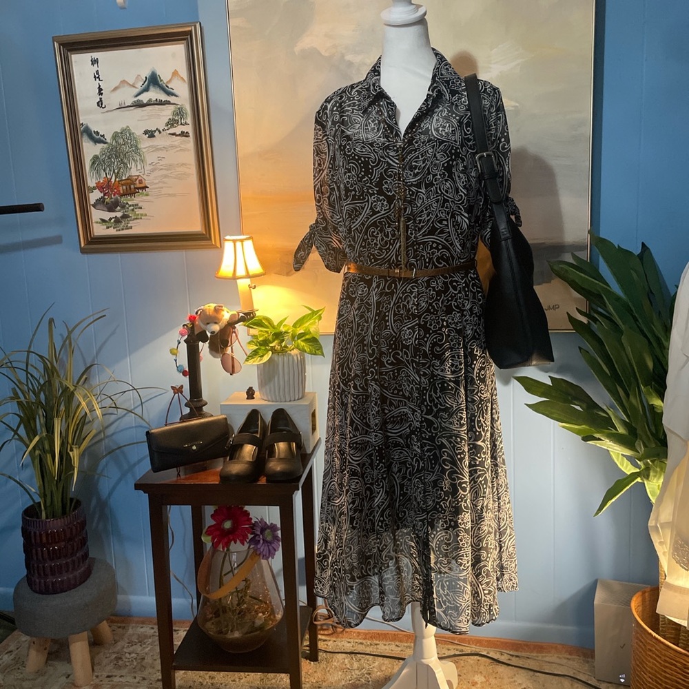 Calvin Klein Black and White Paisley Midi Dress